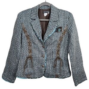 Nancy Bolen City Girl Vintage Tweed Faux Leather Trim Blazer Jacket Women Size 8